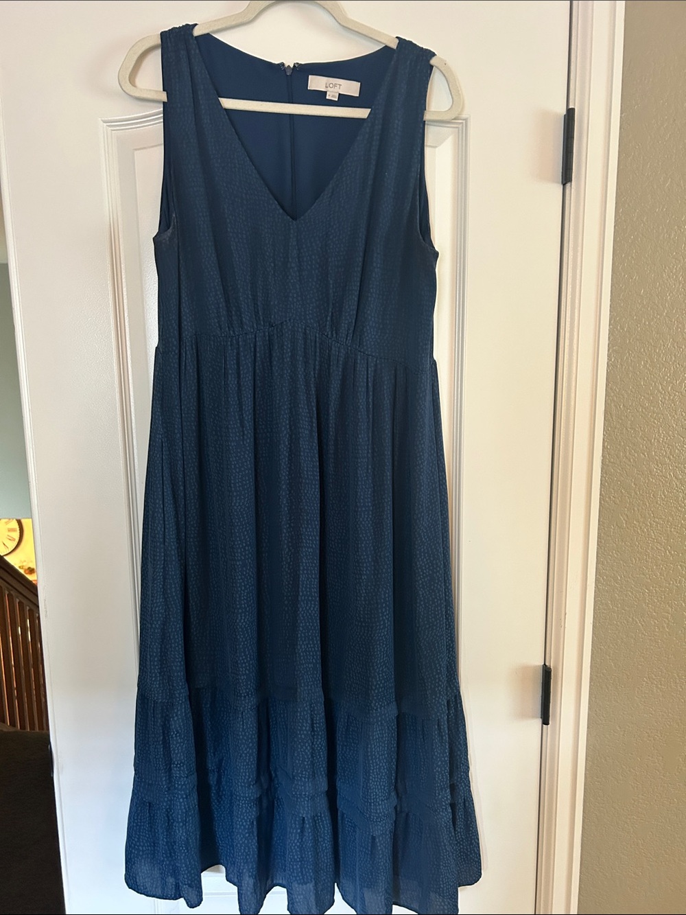 LOFT Navy Blue Sleeveless V-Neck Tiered Midi Dress
